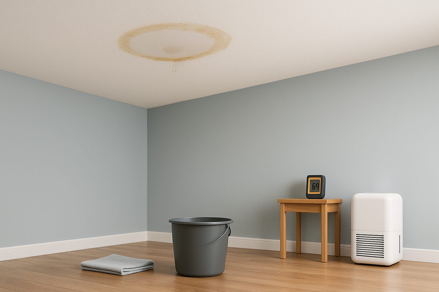a bucket and a water stain on the ceiling