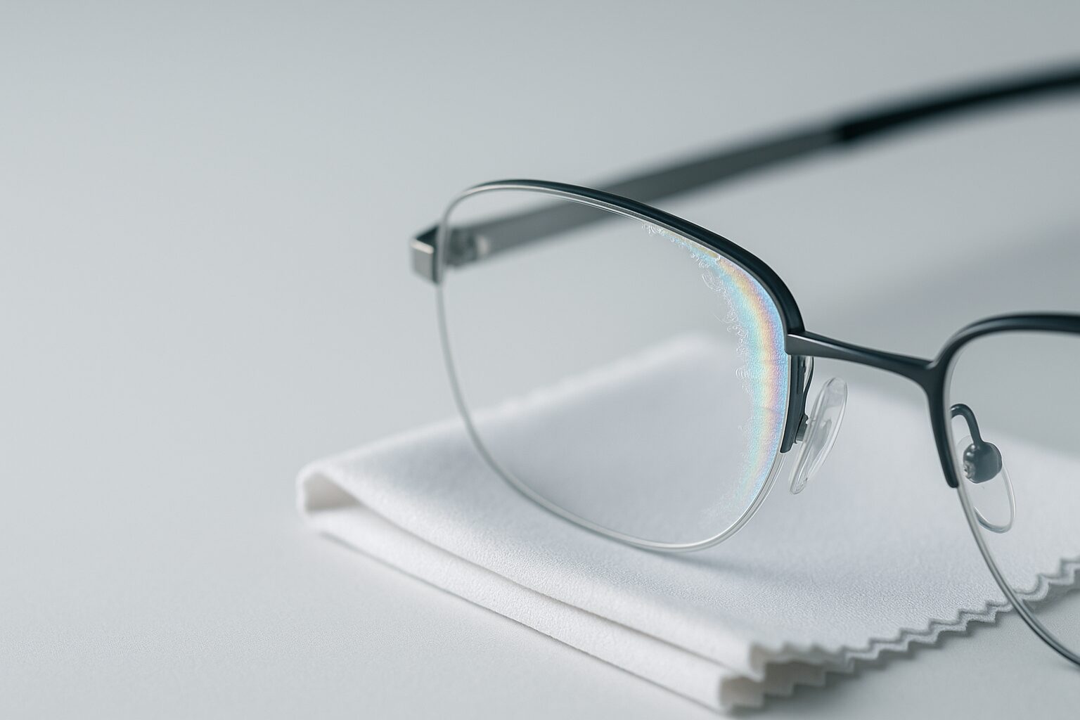 Close-up of eyeglasses on a microfiber cloth showing a peeling anti-reflective lens coating with a subtle rainbow sheen.