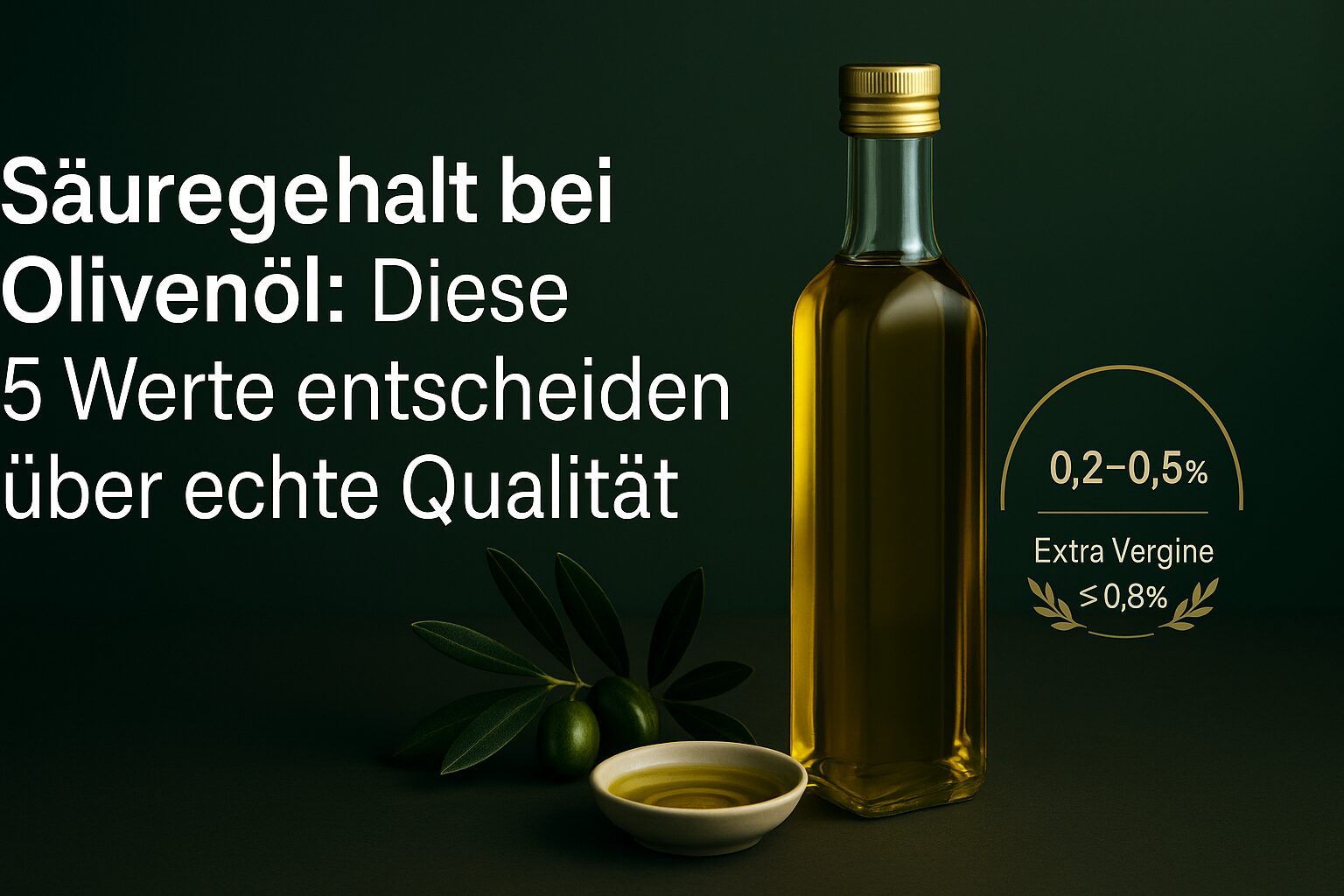 Glass bottle of olive oil with a small bowl, green olives and leaves on a light wooden surface.