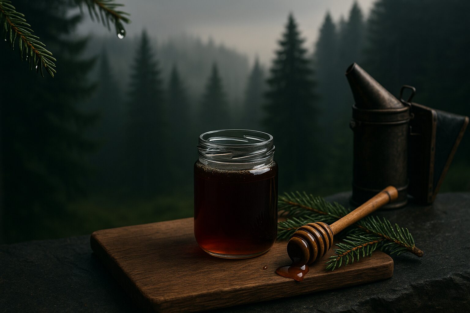 Jar of dark Black Forest fir honey on a wooden board with a honey dipper and fir sprigs, beekeeping smoker, and a misty Black Forest backdrop.
