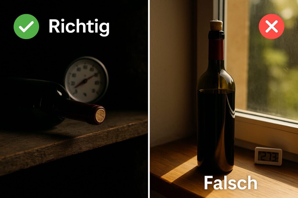 Weinlagerung richtig vs. falsch – dunkel und liegend statt warm und sonnig