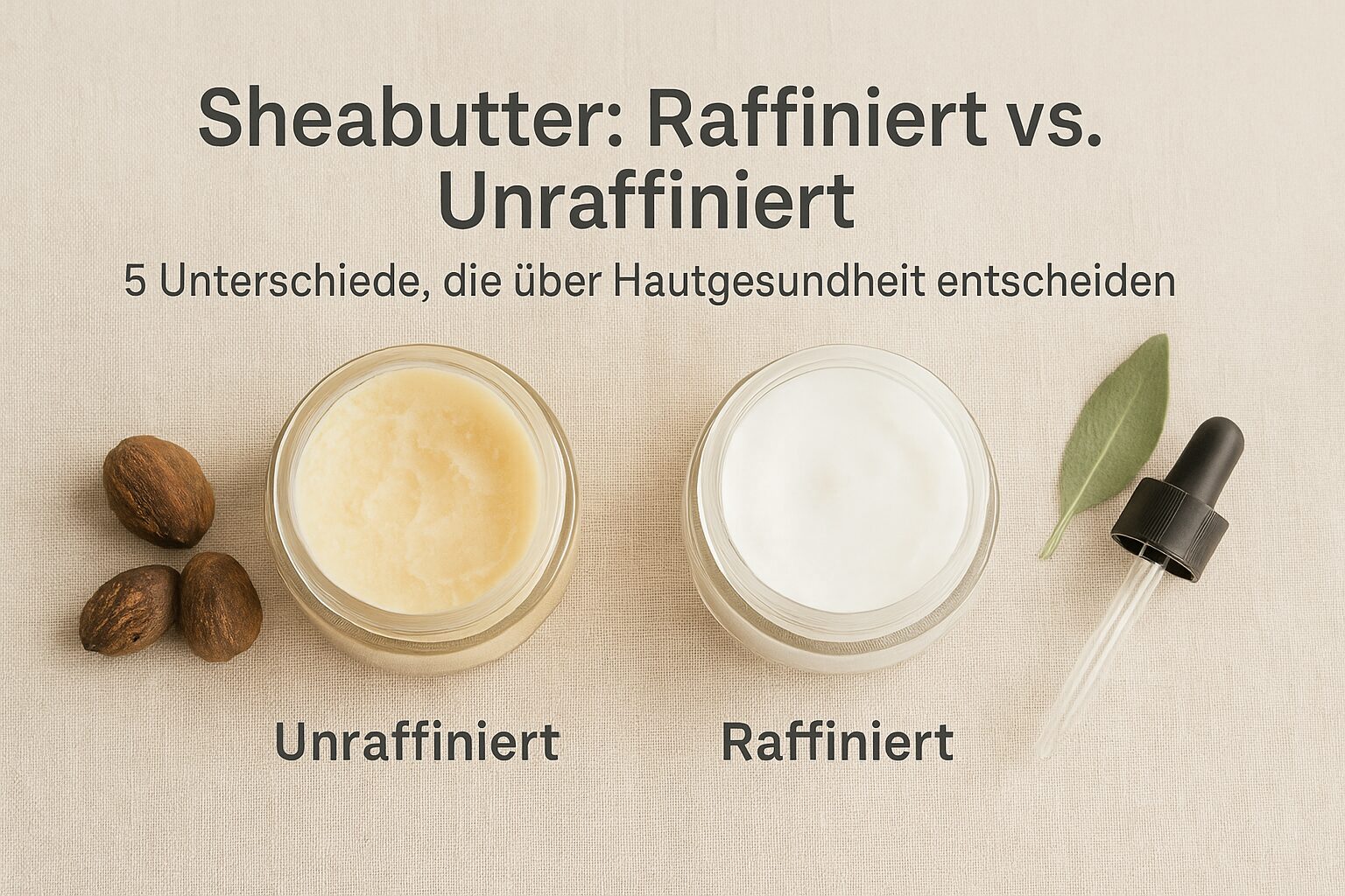 Overhead view of two open glass jars on beige linen: the left jar holds pale yellow, slightly grainy unrefined shea butter beside three shea nuts; the right jar contains smooth, bright white refined shea butter next to a green leaf and a cosmetic dropper.