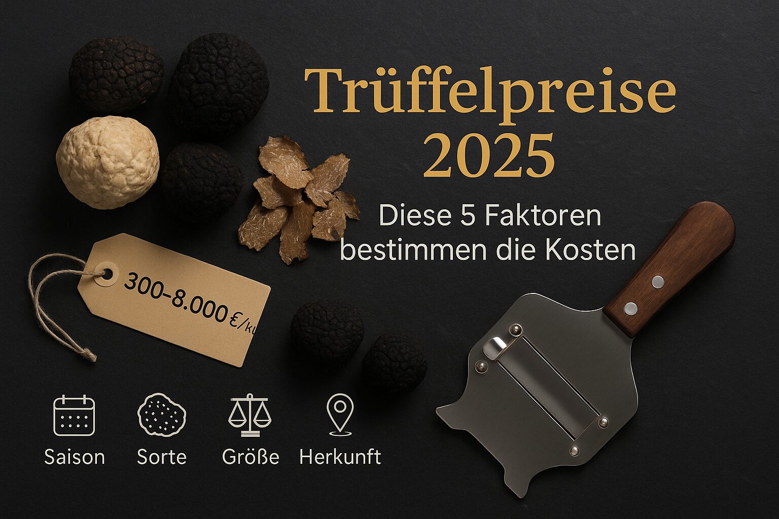 Dark, elegant hero image showing black and white truffles, truffle shavings, and a metal truffle slicer on slate. German headline reads ‘Trüffelpreise 2025 – Diese 5 Faktoren bestimmen die Kosten’; a price tag shows ‘300–8.000 €/kg’, with four icons for season, variety, size, and origin.